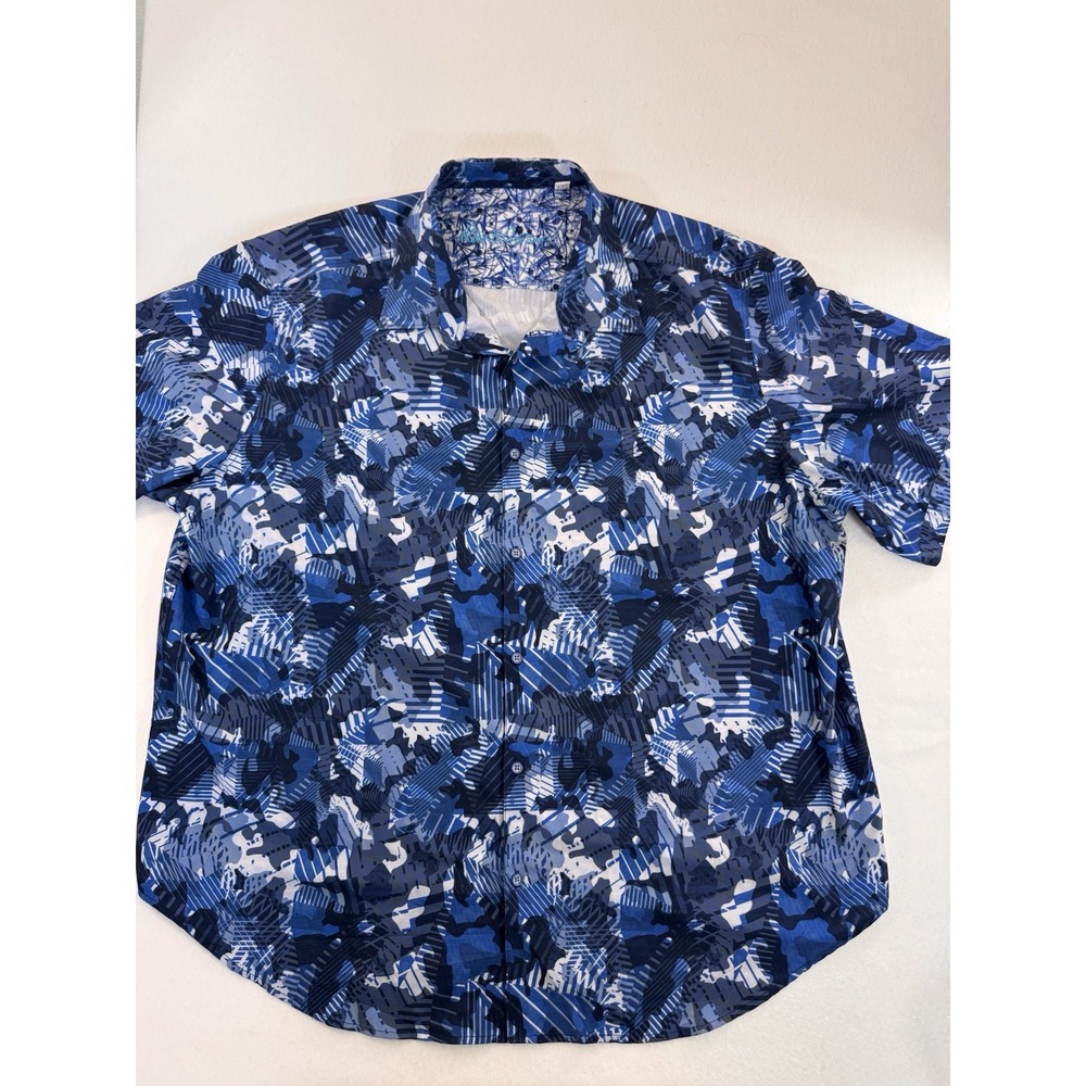 Robert Graham Mens Button Up Shirt 2XL Blue Camo Geometric Lightweight Beach EUC